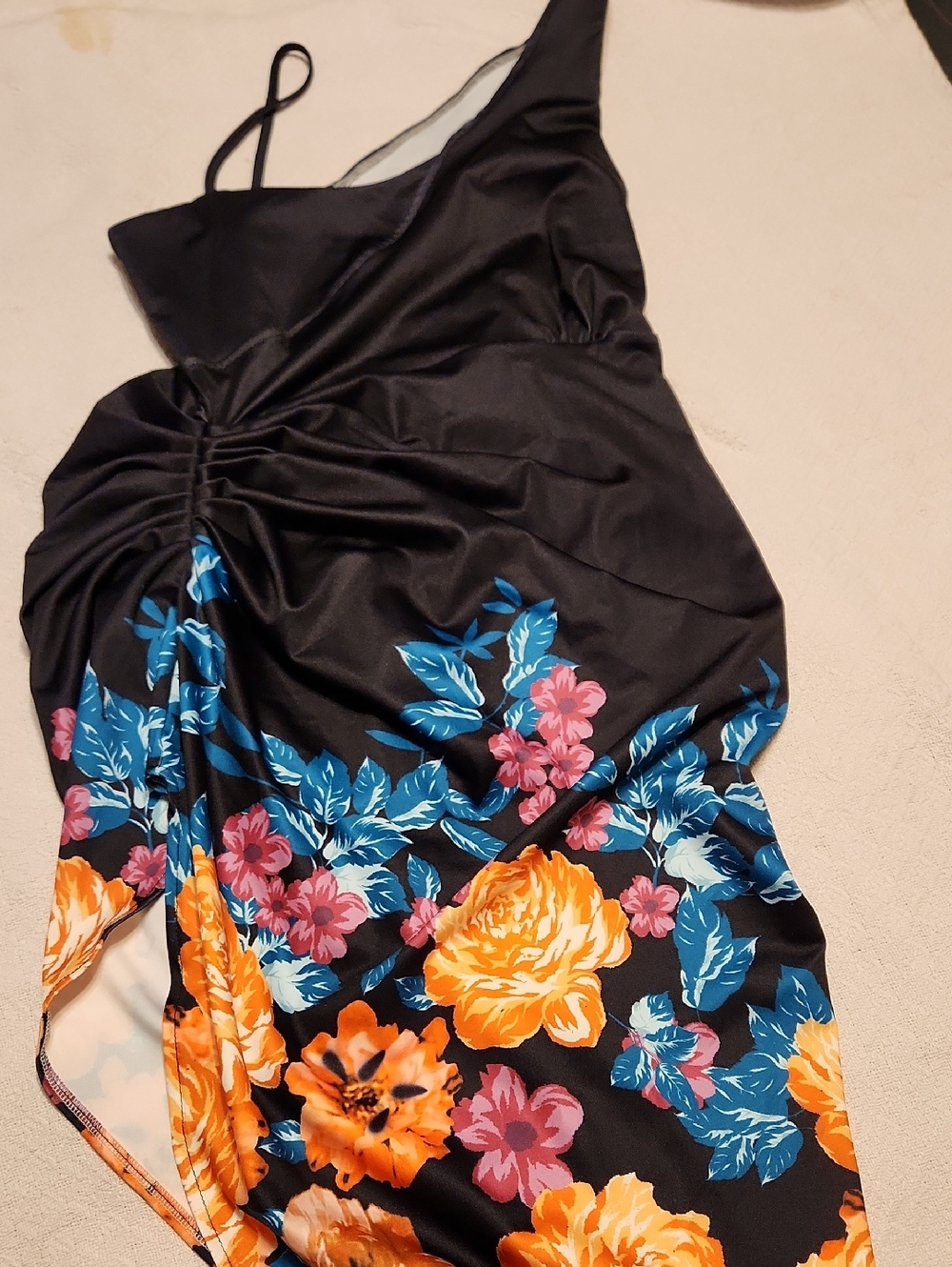 Unk Black Asymmetrical Dress with Orange, Blue & Pink Floral Print